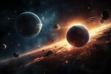 A breathtaking scene of planets collapsing in a stunning space backdrop. Generative AI