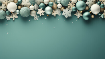 Festive Christmas background with a border of Christmas balls and snowflakes on a solid green background. - obrazy, fototapety, plakaty