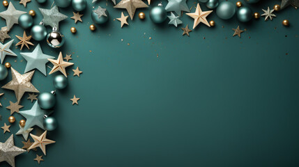 Festive Christmas background with a border of Christmas balls and snowflakes on a solid green background. - obrazy, fototapety, plakaty
