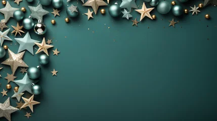 Fotobehang Festive Christmas background with a border of Christmas balls and snowflakes on a solid green background. © Rabbit_1990