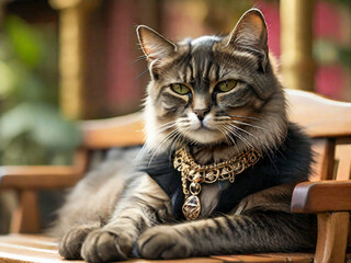 An adorable domestic cat sitting in the street during summer travel.