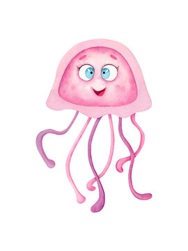 Watercolor cute jellyfish. Hand drawn illustration on white background