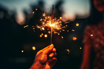 A close-up shot of a person's hand holding a sparkler, Celebrating New Years Eve, Silvester - obrazy, fototapety, plakaty