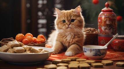 Singaporean cat stealing gingerbread cookies from the table on Happy New Year. Singaporean cat. Horizontal banking poster background for ad. Photo AI Generated