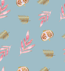 Fototapeta na wymiar Abstract seamless pattern with pomegranate, watercolor leaves, gold outline on blue background. Tropical repeat print.