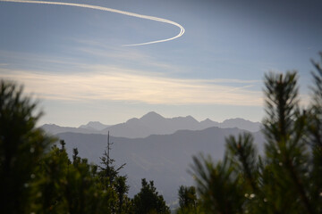 Düsenjäger im Gebirge bei leichter Bewölkung, eingerahmt von Nadelbäumen