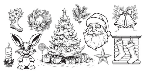 Fototapeta premium Christmas hand drawn decorations, vector elements. Traditional Christmas symbol Vector
