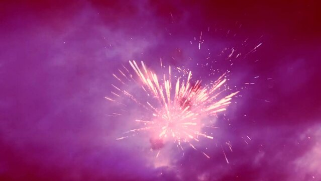 Fiery flashes of lilac fireworks. Explosions of fire of the festive global firework.