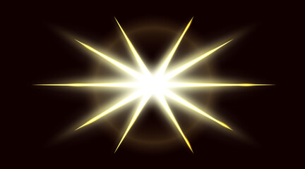 Abstract yellow light flare effect on a black background. Sun rays, crystal leack, star in space, light refraction