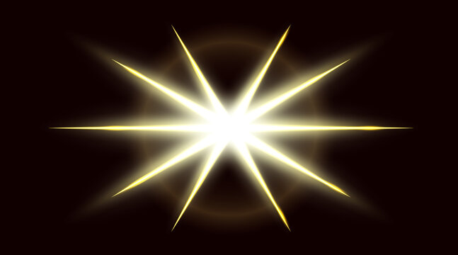 Abstract yellow light flare effect on a black background. Sun rays, crystal leack, star in space, light refraction