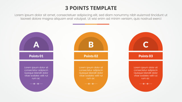 3 points stage template infographic concept for slide presentation with round shape with slice title with 3 point list with flat style