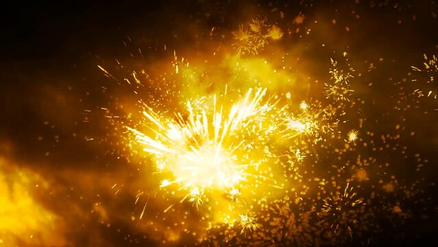 Fiery flashes of fireworks. Explosions of fire of the festive global firework.