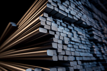 A stack of square metal bars in a warehouse