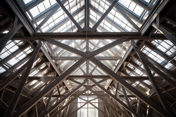 A wooden beamed ceiling with a skylight