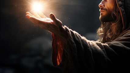 Jesus Christ giving light. Hands emmiting light. Grace to the people. Generative Ai - obrazy, fototapety, plakaty
