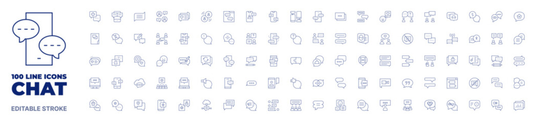 100 icons Chat collection. Thin line icon. Editable stroke. Chat icons for web and mobile app. - obrazy, fototapety, plakaty