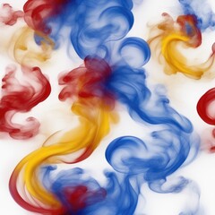 Colored smoke on a white background. Blue, Red, Yellow, White