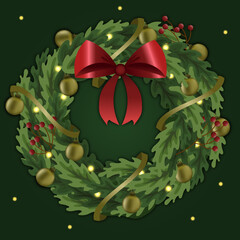 Christmas wreath with gold ribbons and red bow. New Year's decorations, Christmas bubbles. Flat design