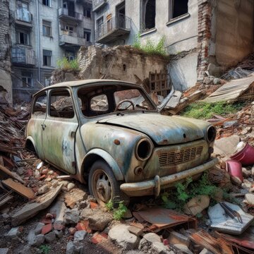 car in the middle of a destroyed building war background
