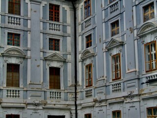 An old blue caslte's windows