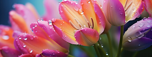 Close-up of fresh tulips with morning dew drops in vibrant orange and purple hues against a blurred background.
