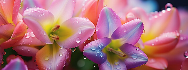 Pristine pink and purple tulips adorned with droplets, showcasing the vibrant freshness of spring blooms.