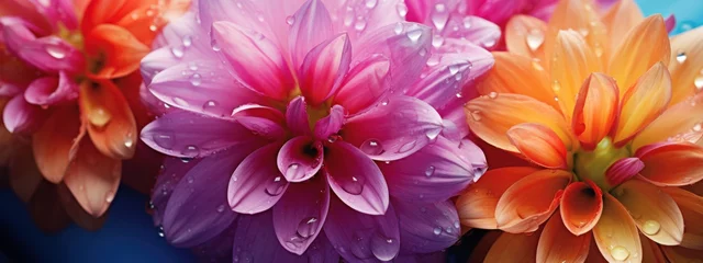 Fotobehang Lush dahlia blooms with raindrops, highlighting pink and orange hues amidst a tranquil setting.  © Liana