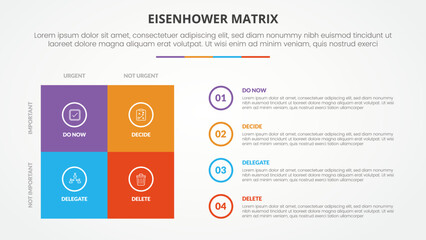 eisenhower matrix template infographic concept for slide presentation with square matrix quadrant with circle outline text with 4 point list with flat style