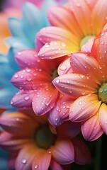 Vivid pink dahlia with droplets on petals against a blue and green soft focus background.
