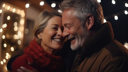 couple smile and happy hug each other's eyes, cuddling, warm hugs, senior or adult love, married couple, warm family. Husband and wife in love so fun in new years eve or valentine day