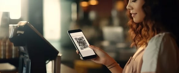 Fotobehang Pay online, QR codes to pay credit card bill after receiving document invoice online. payment, receive, paying electricity, digital payments, technology, scanning, financial transactions © pinkrabbit