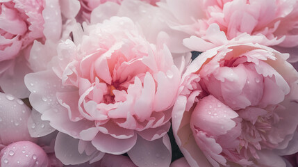 Bouquet of stylish peonies close-up. Pink and white peony flowers. Close-up of flower petals with water drops. Floral wallpaper. Delicate abstract floral pastel background. Generated AI