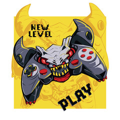 Gamepad monster with text play, new level. Monster Gamepad cartoon character t shirt design. Gaming poster.