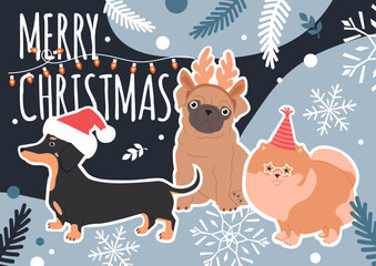 Christmas horizontal poster with cute dogs, text, and winter elements. Vector flat illustration in trendy colors.