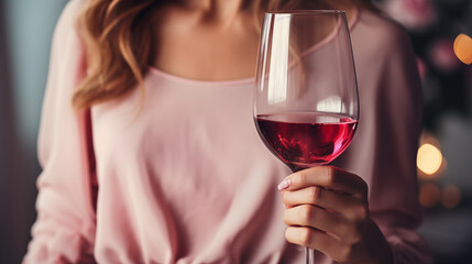 A glass of rose wine in the hands of a girl relaxing on restaurant terrace. Summer holiday. Celebrate enjoy moment. Alcoholic drink tasting. Romantic evening aperitif. Wine glass closeup. Generated AI
