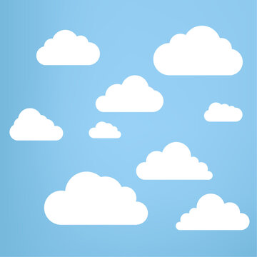 White Couds elements on light blue sky, soft clouds on isolated blue background, and Groups of white Clouds collection in flat design styles, cloud concept