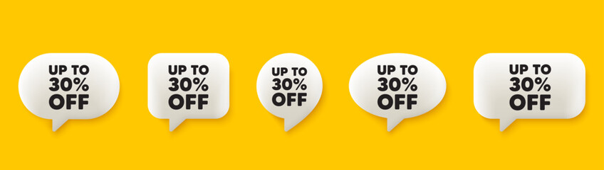 Up to 30 percent off sale. 3d chat speech bubbles set. Discount offer price sign. Special offer symbol. Save 30 percentages. Discount tag talk speech message. Talk box infographics. Vector