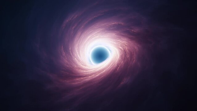 Interstellar black hole with glowing accretion disk and singularity nucleus. Concept 3D animation of cosmic wormhole on starry space background. Theory of relativity and quantum physics wallpaper.