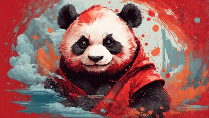 illustration design, panda ninja with spash on background