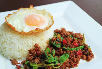 Plate of Thai Style Stir Fried Minced Beef and Holy Basil with Rice or Kao Pad Kaprao Neua