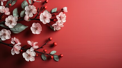 Decoration Chinese New Year Red background Cherry Blossom and Lantern copy space
