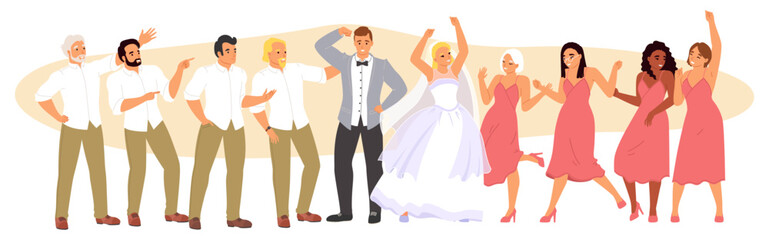 Wedding party vector illustration with bride and groom dancing
