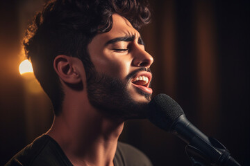 Generative ai technology portrait of talented young singer person on stage singing song using microphone