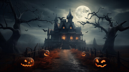 An old house with lit up windows at night, in the style of misty gothic, dark and spooky themes