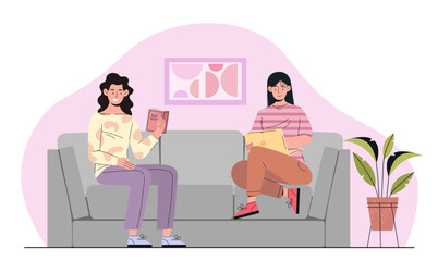Women on sofa. Young girls sitting indoor with book and laptop. Friends rest together at home. Comfort and coziness. Evening leisure and hobby. Cartoon flat vector illustration