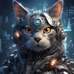 portrait of a cyborg cat on a neutral background