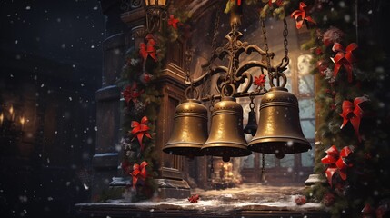 old bell in the church - christmas bell on the wall - Christmas decoration - obrazy, fototapety, plakaty