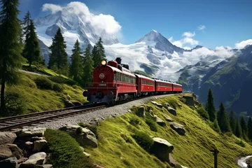 Foto op Canvas Crimson locomotive amid alpine scenery. Generative AI © Indigo