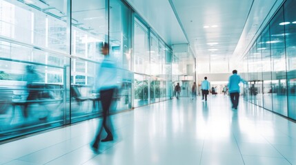 Fototapeta premium Modern hospital corridor and people with long exposure effect, blurred