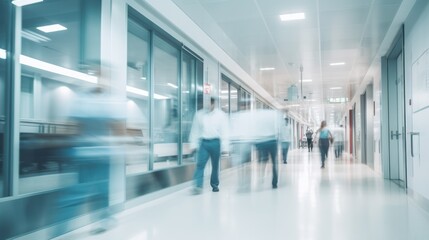 Fototapeta na wymiar Modern hospital corridor and people with long exposure effect, blurred